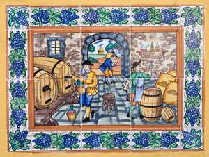 Modern Spanish Ceramic Tiles Showing Workers in Vineyard Cellar Checking Quality of Wine